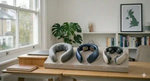 Comparison chart of three different neck massager styles for home and office use.