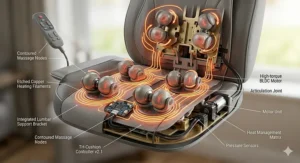 A detailed technical illustration showing the internal mechanics, heat management matrix, and massage nodes of the chair cushion.
