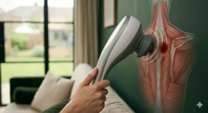 Illustration showing the percussion motion of the massager head targeting a knot in the upper back.