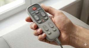 A close-up of a hand holding an ergonomic remote control for a recliner massage cushion, showing intuitive settings.