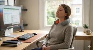 Office worker taking a break to use a portable neck massager for tension relief.