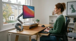 Illustration of an ergonomic workspace with a monitor at eye level to prevent tech neck.