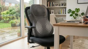 Ergonomic vibrating massage cushion positioned on an office chair for lumbar support