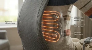 A cross-section view of a massage cushion demonstrating the ergonomic lumbar support and internal gear mechanism.