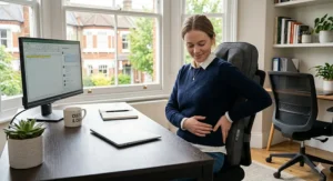 A diagram demonstrating how a massage cushion improves spinal alignment and posture for someone working a long day at a desk.
