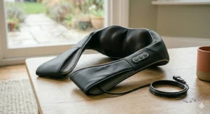 Ergonomic design of a neck and shoulder massager fitting comfortably across the upper back.