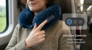 Side profile of a memory foam travel massage pillow wrapping comfortably around a commuter's neck, highlighting ergonomic contouring.