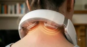 Close-up of the ergonomic, flexible fit of a USB rechargeable neck massager contouring comfortably to the user's cervical spine.