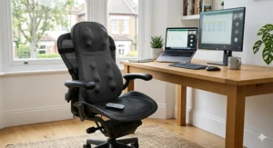 An ergonomic full back massage cushion strapped to a black mesh office chair at a home working desk setup