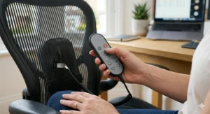 A handheld remote control showing settings for a full back massage cushion, including speed options and targeted neck massage