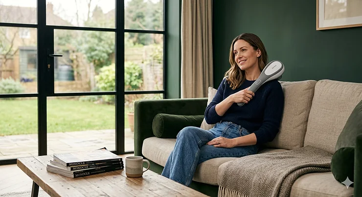 A person using a cordless handheld back massager to relieve muscle tension while relaxing on a sofa at home.