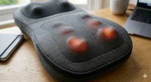 Close-up diagram of a heated full back massage cushion with red glowing zones highlighting infrared warmth on the lumbar spine.