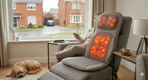 A view of a massage cushion on a recliner chair showing the heated massage nodes active for deep tissue relief.
