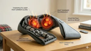 Visual representation of heat therapy technology within a neck massager for soothing tension.