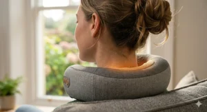 Close-up of a heated neck massager showing the warm amber heat glow on the neck.