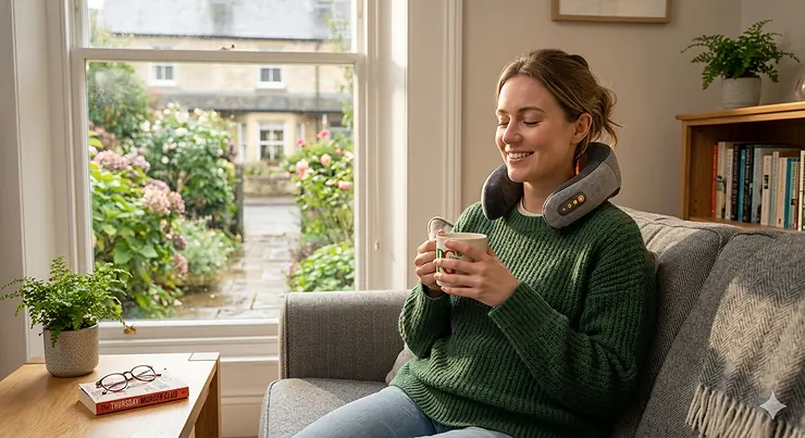 A person relaxing in a British living room using a portable heated neck massager.