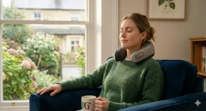 A person sitting in an armchair using a heated neck massager for muscle relief.