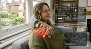 Demonstration of the various adjustable intensity settings on a modern cervical neck massager.