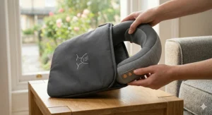 Placing a portable heated neck massager into its compact travel storage pouch.