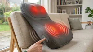 Heated vibrating massage cushion showing soothing warmth and vibration settings