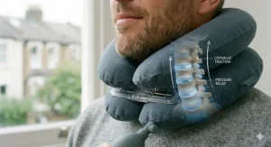 A diagram overlay showing cephalad traction and pressure relief within the cervical spine while using a neck traction device.