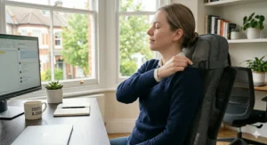 Step-by-step visual guide showing the adjustable straps securely fastening a massage cushion to the back of a standard office chair.