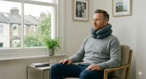 A person relaxing at home while wearing an inflatable neck traction collar for gentle cervical support.