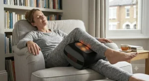 A person elevating their legs and soothing tired calves using a versatile kneading massage pillow on the floor.