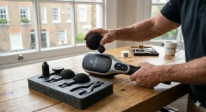 Close-up of the non-slip ergonomic handle of the deep tissue massager for easy use.