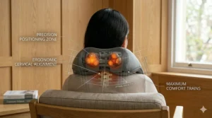 Illustrating the proper positioning of a neck and shoulder massager for maximum comfort.