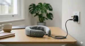 Wireless neck massager charging via USB cable, highlighting long battery life.
