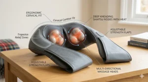 gonomic design showing how the device targets cervical muscles to alleviate chronic pain.