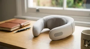 Close-up of the ergonomic, lightweight design of the portable neck massager.