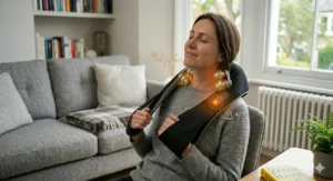 Illuminated heat function indicator on the neck massager control panel.