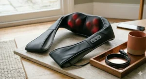 Illustration of heat therapy feature providing soothing warmth on a neck and shoulder massager.