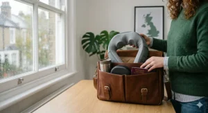 A compact neck massager being packed into a commuter bag for use on the go.