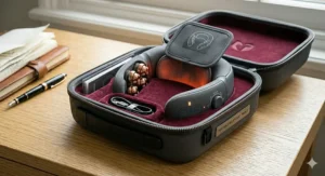 A portable neck massager neatly stored in its protective travel carry case.