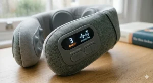 Close-up of neck massager control panel showing heat and pulse settings for pain relief.
