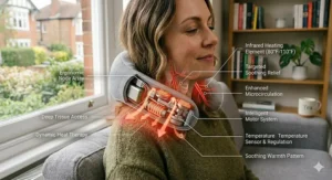 Close-up of a cervical neck massager highlighting the soothing heat therapy function.