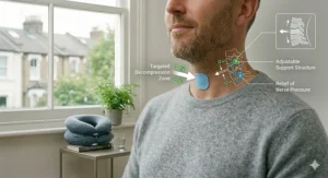 A close-up view showing the targeted decompression zone of a neck traction device and its effect on nerve pressure relief.