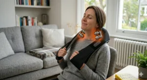 Person sitting on a sofa comfortably using a 3D kneading neck massager.