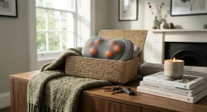 Versatile car travel massage pillow being carried or placed on an office chair, showing its multi-use design.
