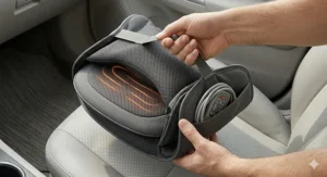 A person carrying a portable massage cushion, highlighting its ease of use and convenient design for home comfort.