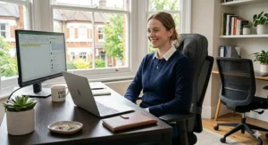 A professional demonstrating the portability of a lightweight massage cushion being moved from a home office chair to a dining chair.