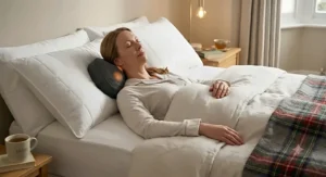 A compact, portable kneading massage pillow being carried and adjusted on an armchair cushion.