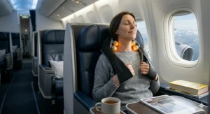 A compact, portable 3D neck massager being packed into a travel bag.