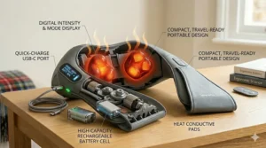 A compact, rechargeable neck massager being used at a home office desk for pain management.