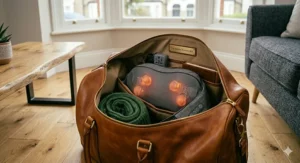 A high-quality brown leather weekend bag packed with a shiatsu neck massager and travel essentials, ready for a trip.