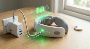A compact USB rechargeable neck massager resting next to a travel bag, demonstrating its lightweight and travel-friendly design.