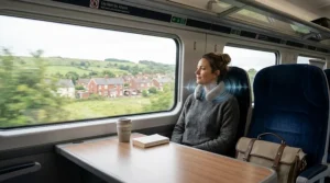 A stylish, portable wearable neck massager resting on a train seat next to a commute bag, showcasing wire-free convenience for daily travel.
